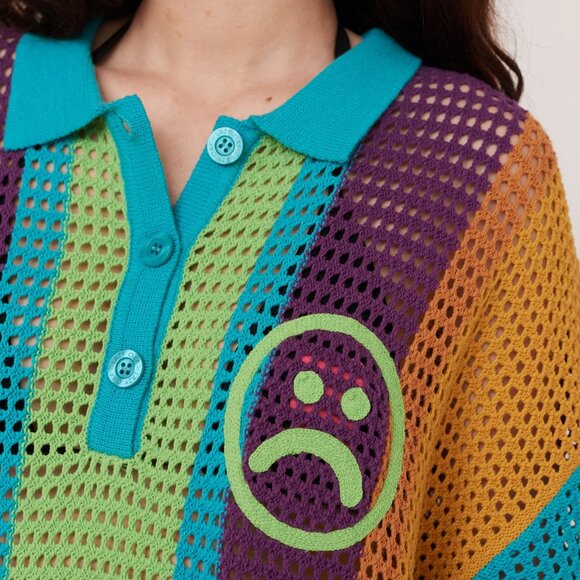 Lazy Oaf Moody Stripe Open Knit Oversized Polo Shirt Top Size S - Picture 1 of 8